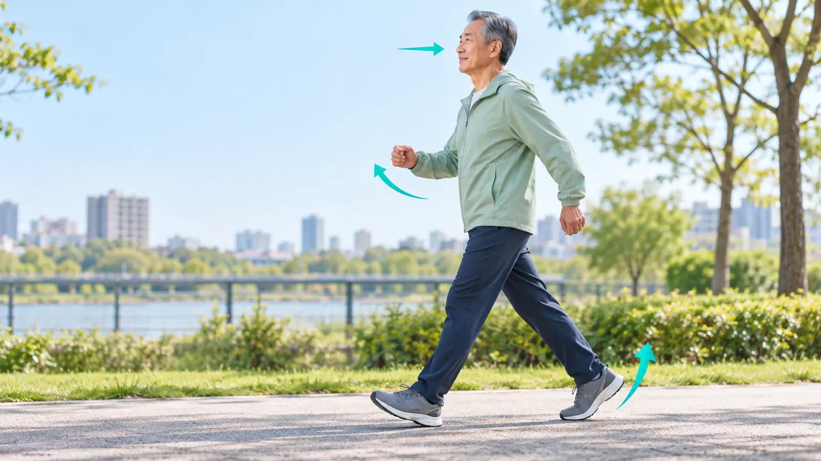 視線、腕振り、後ろ脚の蹴り出しを意識した自然な歩き方