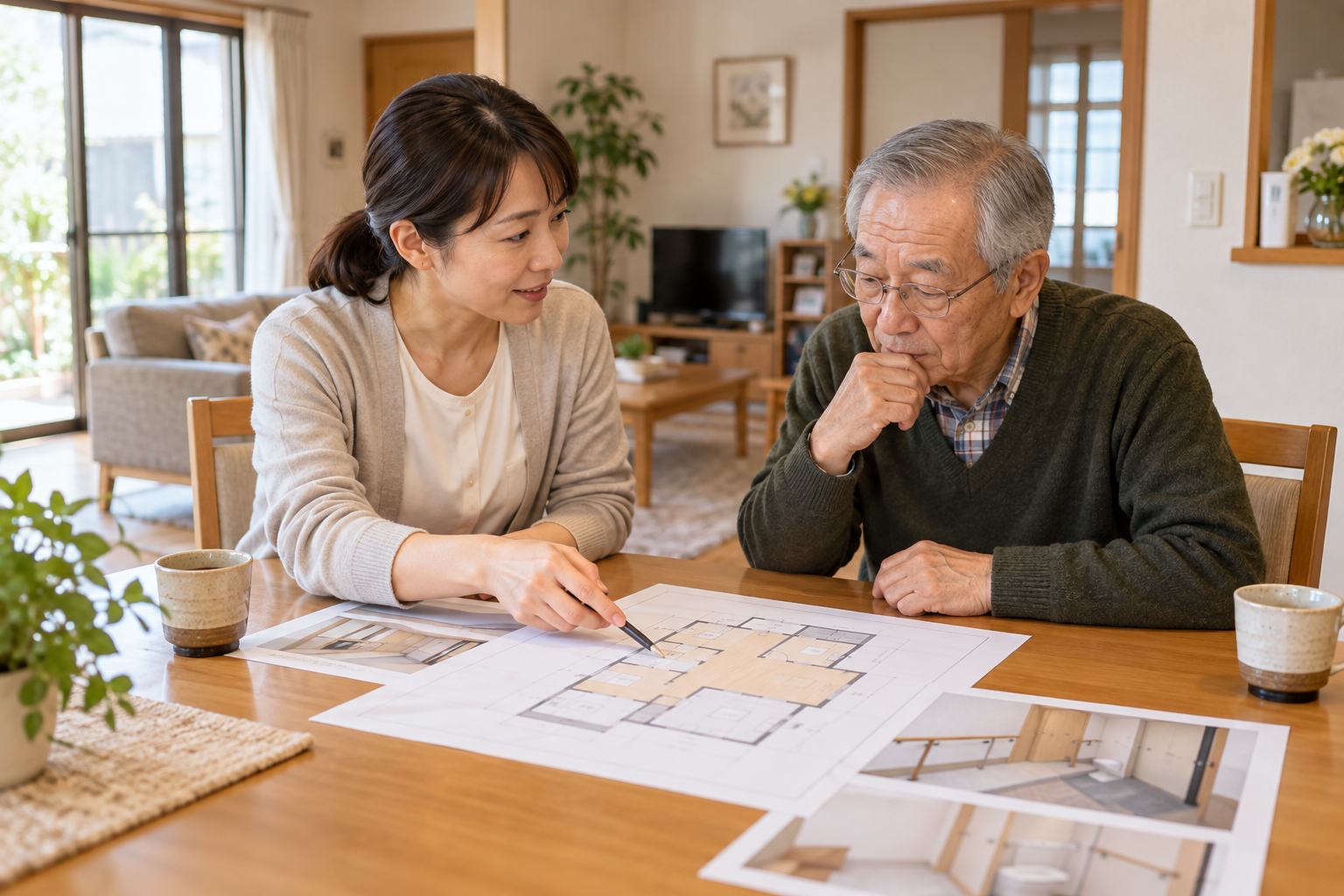 住宅改修の図面を見ながら相談する高齢男性と専門職