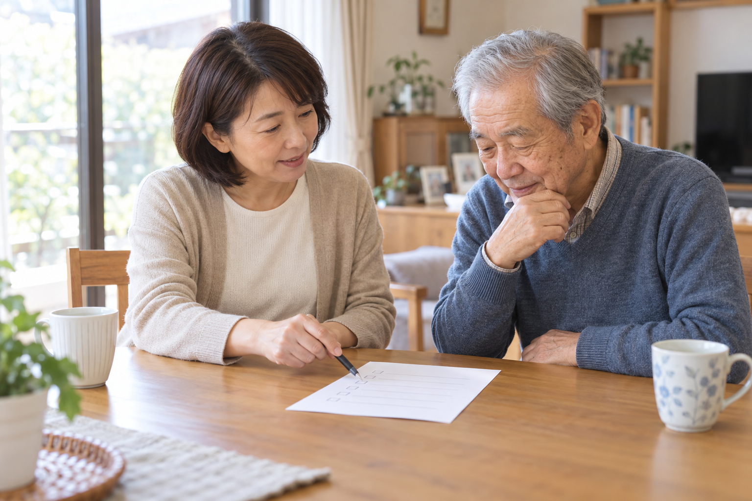 自宅で歩き方の変化を家族と確認する高齢男性