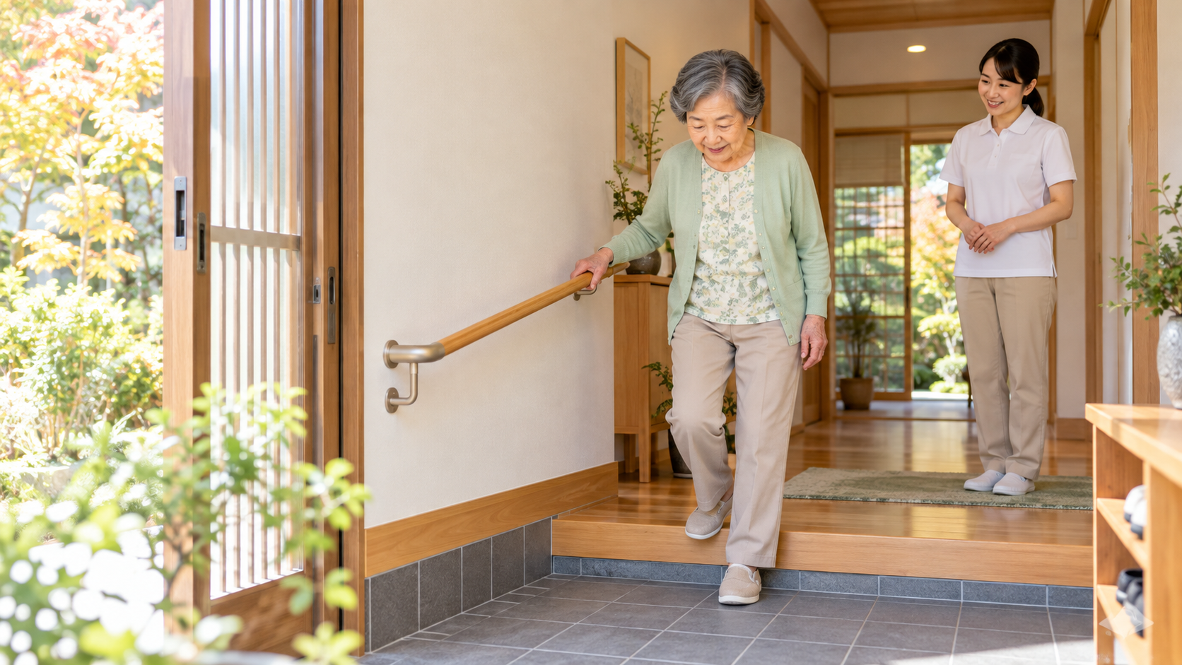 手すりのある玄関で安全に段差を下りる高齢女性と見守る理学療法士