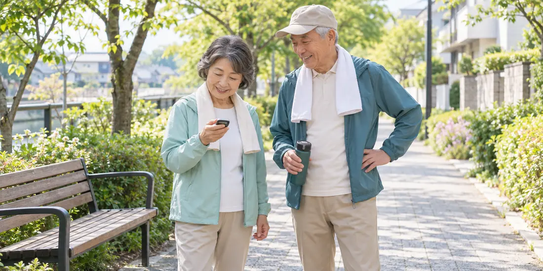 散歩中に歩数計を確認する高齢夫婦
