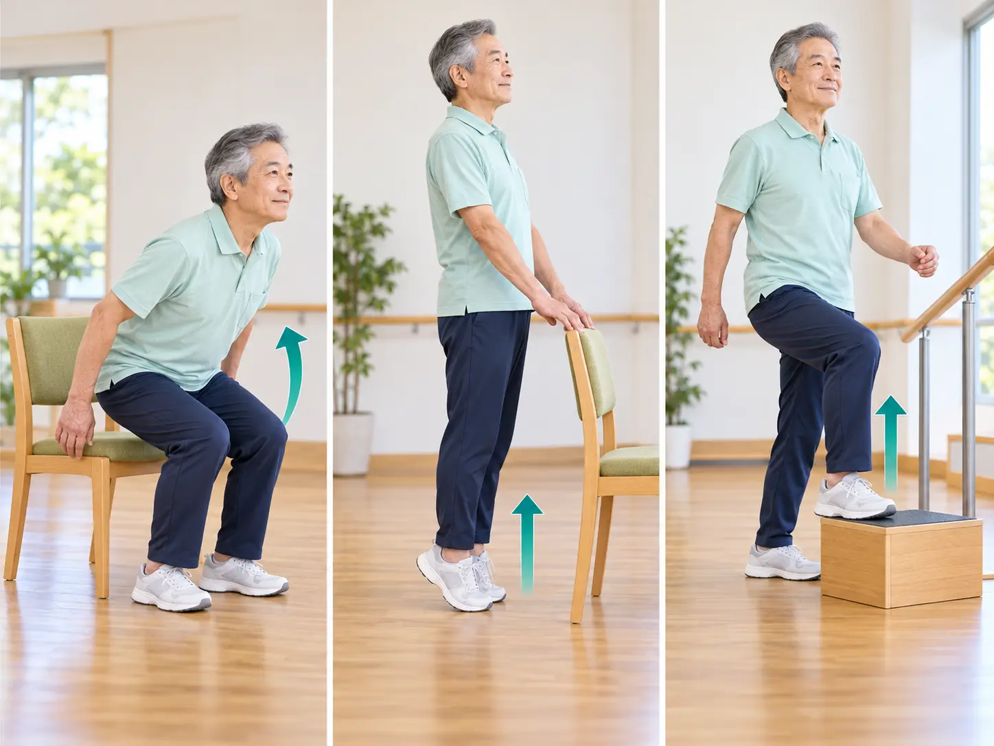立ち上がり、かかと上げ、低い段差への昇降運動